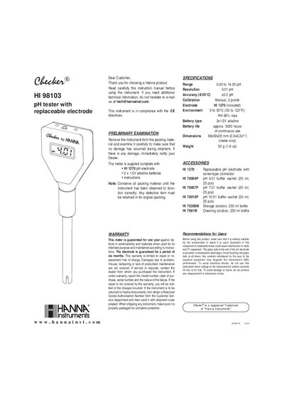 Hanna Instruments HI 98103 pH Tester with Replaceable Electrode User Manual - cover page