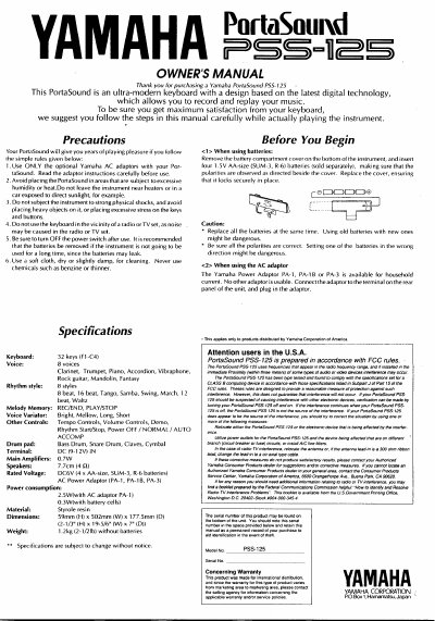 Yamaha PSS-125 PortaSound Owner's Manual - cover page