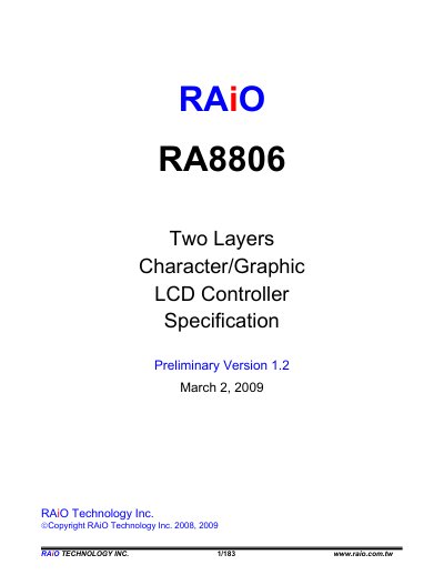 RAiO RA8806 Two Layers Character/Graphic LCD Controller Specification - cover page
