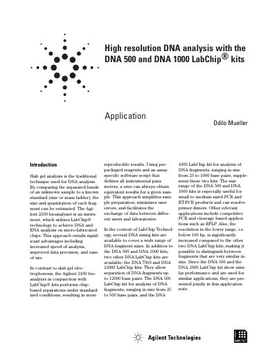Agilent DNA 500 and DNA 1000 LabChip Kits Application Note - cover page