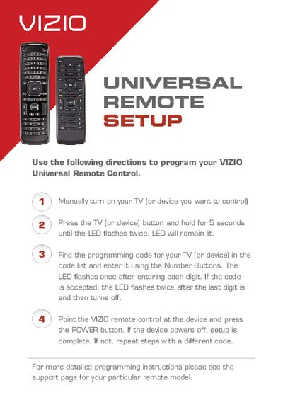 viZio Universal Remote Control Programming Guide - cover page