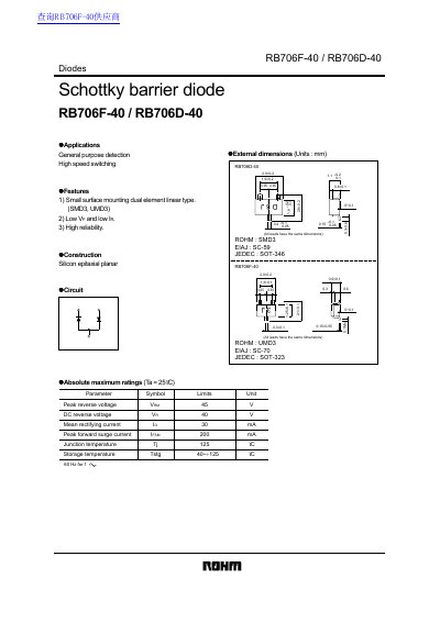 ROHM RB706F-40 / RB706D-40 Schottky Barrier Diode Datasheet - cover page