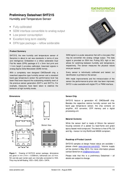 Sensirion SHT21S Humidity and Temperature Sensor Preliminary Datasheet - cover page