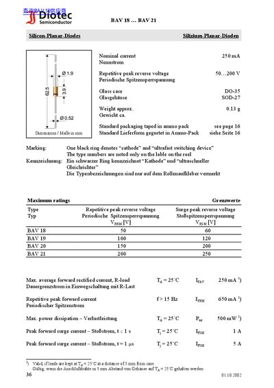 Diotec BAV 18 to BAV 21 Silicon-Planar-Diodes Datasheet - cover page