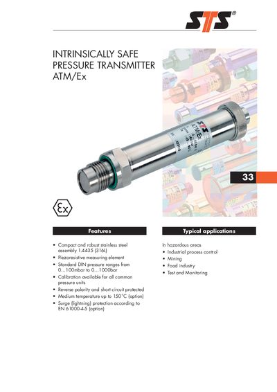 STS ATM/Ex Intrinsically Safe Pressure Transmitter Datasheet - cover page