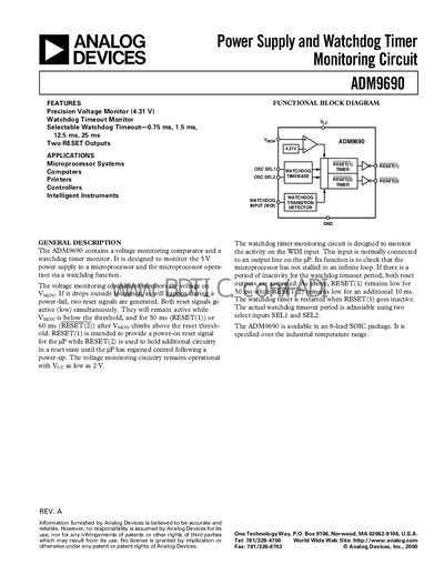 Analog Devices ADM9690 Power Supply and Watchdog Timer Datasheet - cover page