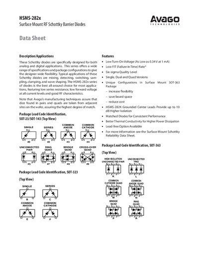 Avago HSMS-282x Surface Mount RF Schottky Barrier Diodes Data Sheet - cover page