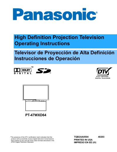 Panasonic PT-47WXD64 High Definition Projection Television Operation Instructions - cover page