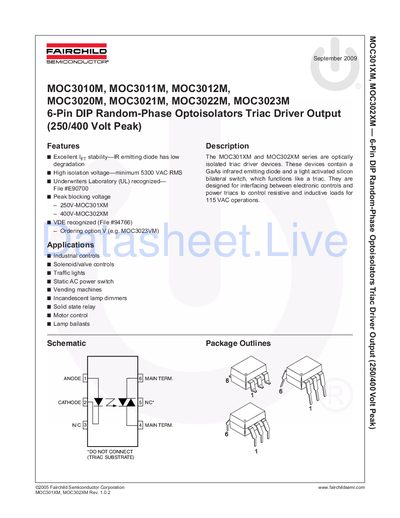 Fairchild Semiconductor MOC301XM/MOC302XM 6-Pin DIP Random-Phase Optoisolators Datasheet - cover page
