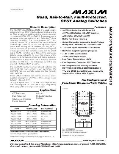 Maxim MAX4511/MAX4512/MAX4513 Quad Analog Switches Datasheet - cover page