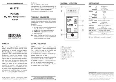 Hanna Instruments HI 8731 Portable EC TDS Temperature Meter Instruction Manual - cover page