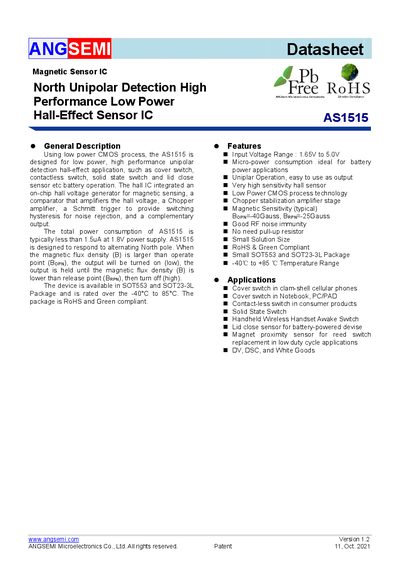 ANGSEMI AS1515 Magnetic Sensor IC Datasheet - cover page