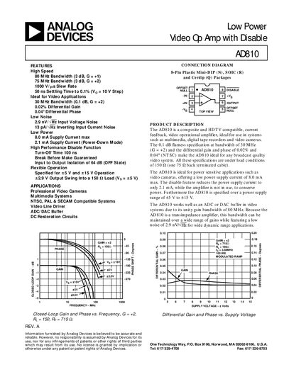 Analog Devices AD810 Video Op Amp Datasheet - cover page