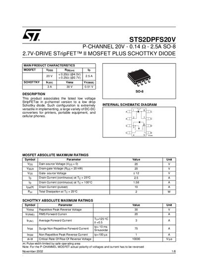 STMicroelectronics STS2DPFS20V P-Channel MOSFET and Schottky Diode Datasheet - cover page