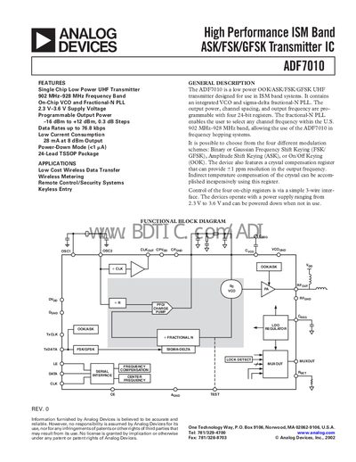 Analog Devices ADF7010 Datasheet - cover page
