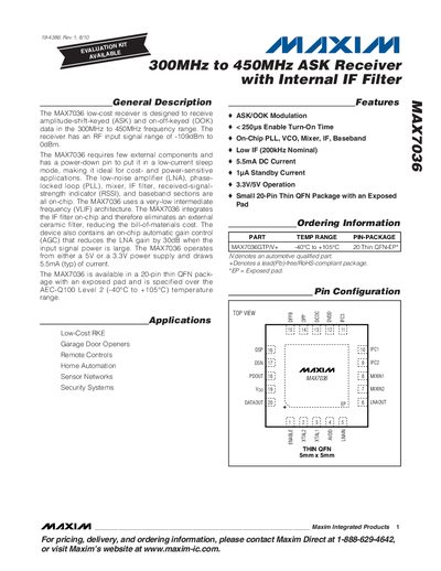 Maxim MAX7036 300MHz to 450MHz ASK Receiver with Internal IF Filter Handbook - cover page