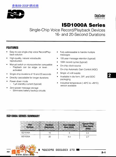 ISD ISD1000A Series Single-Chip Voice Record/Playback Devices Datasheet - cover page