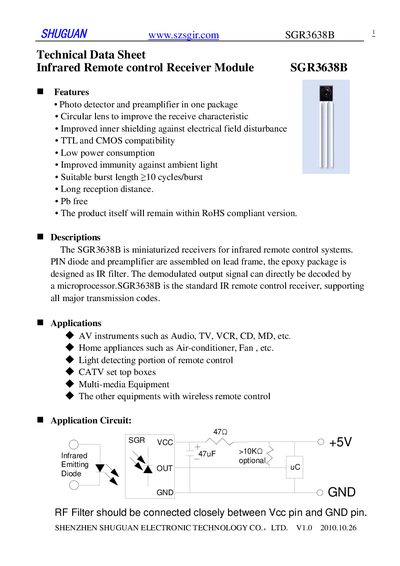 SGR3638B Infrared Remote Control Receiver Module Datasheet