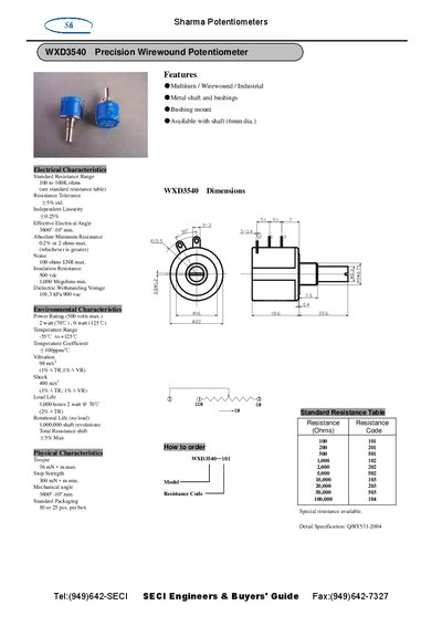 Sharma WXD3540 Precision Wirewound Potentiometer Product Leaflet - cover page