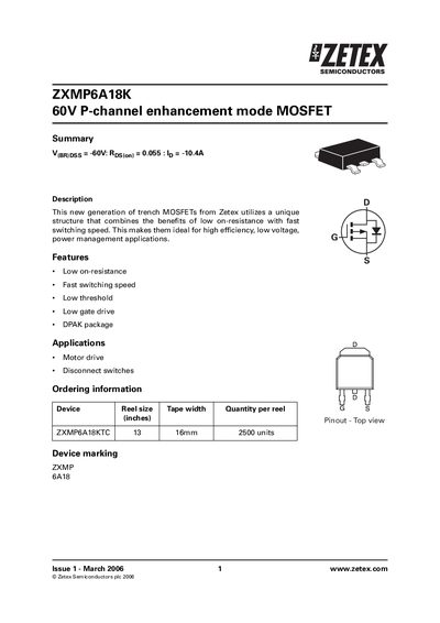 Zetex ZXMP6A18K P-Channel MOSFET Datasheet - cover page
