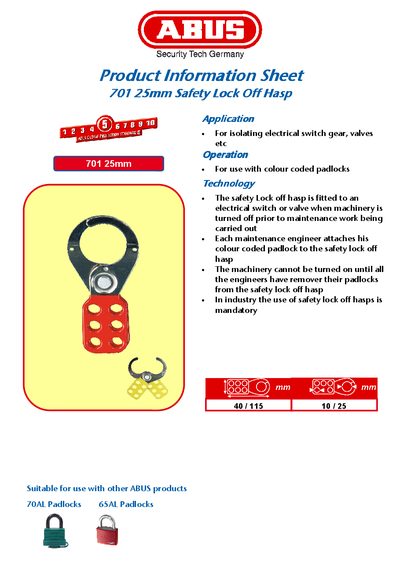 ABUS 701 25mm Safety Lock Off Hasp Product Information Sheet - cover page