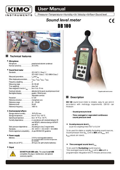 KIMO DB100 Sound Level Meter Technical Specifications - cover page
