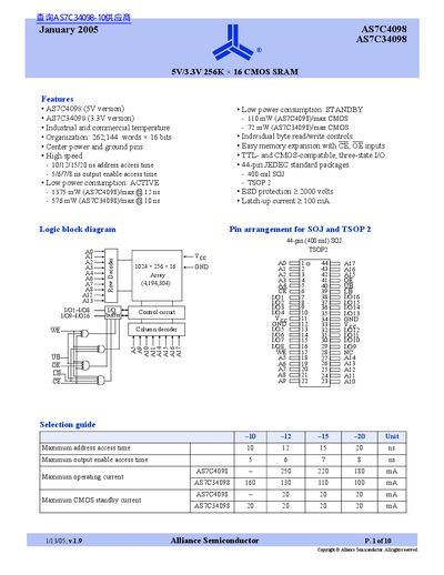 Alliance Semiconductor AS7C4098/AS7C34098 256K x 16 CMOS SRAM Datasheet