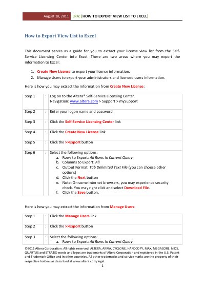 Altera Self-Service Licensing Center Export Guide - cover page