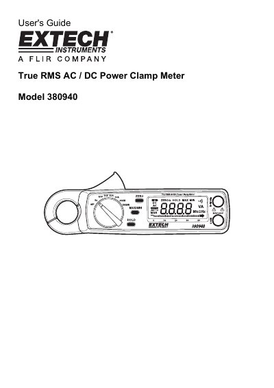 Extech 380940 True RMS AC/DC Power Clamp Meter User's Guide - cover page