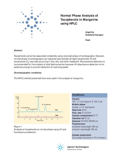 Agilent 1100 Series Normal Phase Analysis of Tocopherols in Margarine using HPLC Application Note - cover page