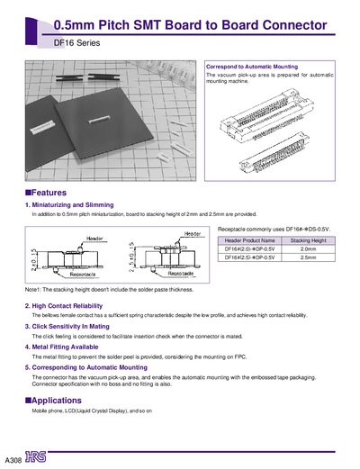 Hirose DF16 Series 0.5mm Pitch SMT Board to Board Connector Manual - cover page