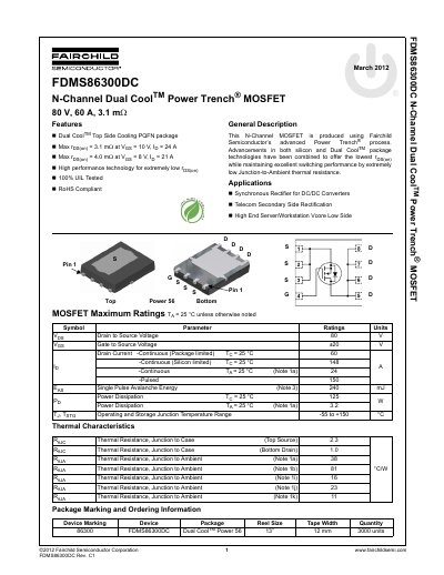 Fairchild FDMS86300DC N-Channel Dual Cool Power Trench MOSFET Datasheet - cover page