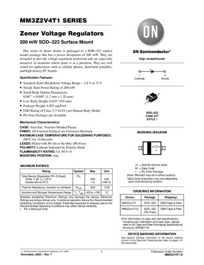 ON Semiconductor MM3Z2V4T1 Series Zener Voltage Regulator Datasheet - cover page