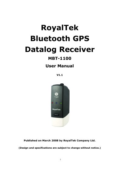 RoyalTek MBT-1100 Bluetooth GPS Datalog Receiver User Manual - cover page