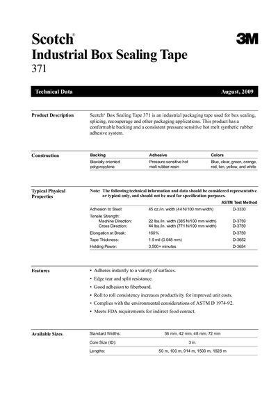 3M Scotch 371 Industrial Box Sealing Tape Handbook - cover page