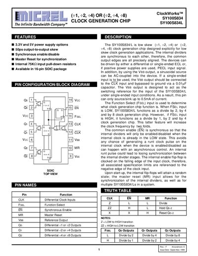 Micrel SY100S834 / SY100S834L ClockWorks Datasheet - cover page