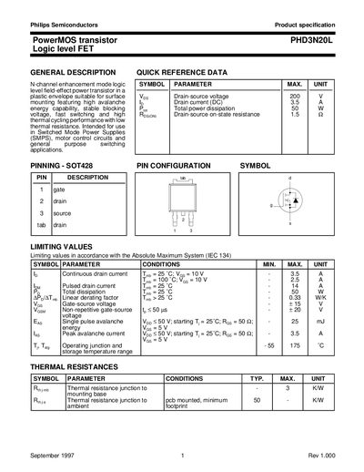 Philips PHD3N20L PowerMOS Transistor Datasheet - cover page
