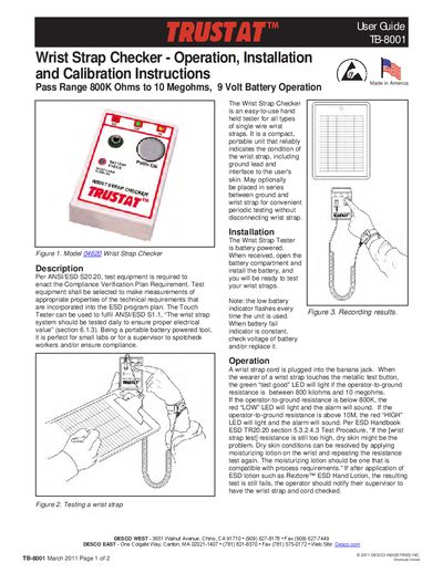 DESCO TB-8001 Wrist Strap Checker Operation Manual - cover page
