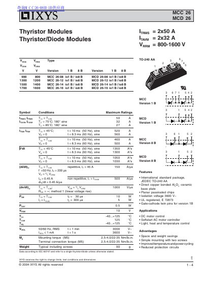 IXYS MCC 26/MCD 26 Thyristor Modules Datasheet
