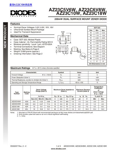 Diodes AZ23C5V6W AZ23C6V8W AZ23C10W AZ23C18W 200mW Dual Surface Mount Zener Diode Datasheet - cover page