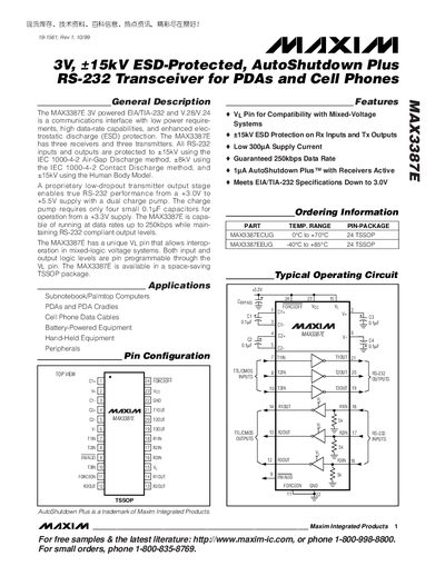 Maxim Integrated MAX3387E RS-232 Transceiver Datasheet - cover page