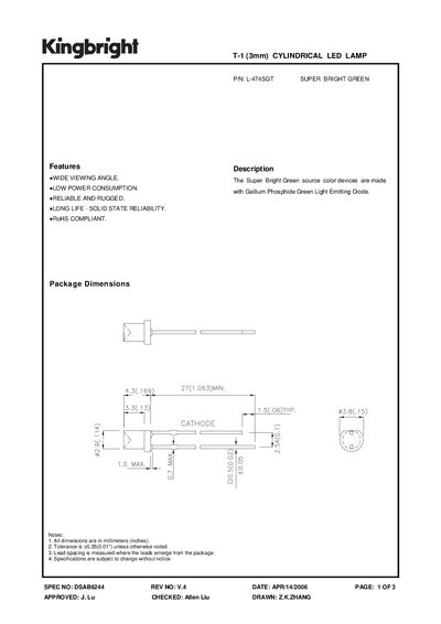 Kingbright DSAB6244 Super Bright Green LED Lamp Datasheet - cover page