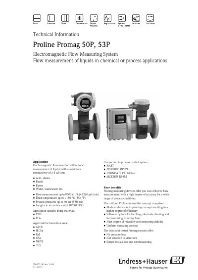 Endress+Hauser Proline Promag 50P, 53P Electromagnetic Flow Measuring System Technical Information - cover page