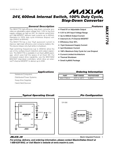 MAXIM MAX1776 24V 600mA Internal Switch 100% Duty Cycle Step-Down Converter handbook - cover page