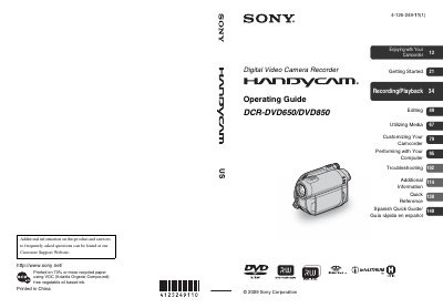 Sony DCR-DVD650/DVD850 Camcorder Operating Guide - cover page