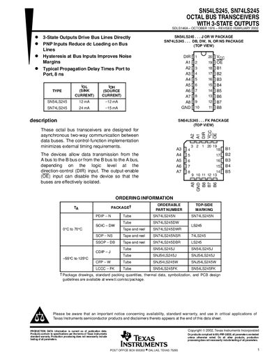 TEXAS INSTRUMENTS SN54LS245 SN74LS245 OCTAL BUS TRANSCEIVERS WITH 3-STATE OUTPUTS Manual - cover page