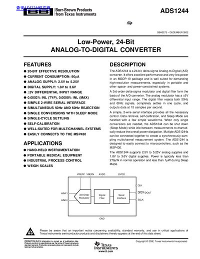 Texas Instruments ADS1244 Low-Power 24-Bit Analog-to-Digital Converter Datasheet - cover page