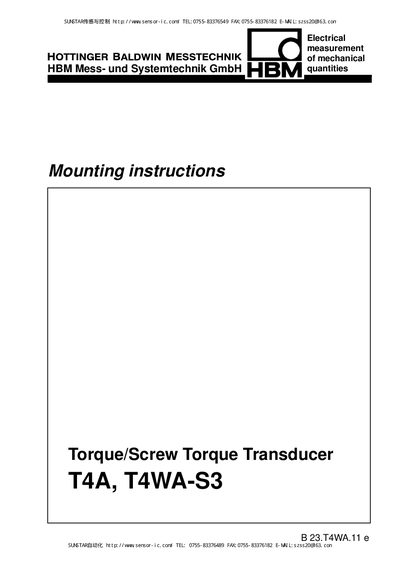 HBM T4A, T4WA-S3 eTorque/Screw Torque Transducer Mounting Instructions