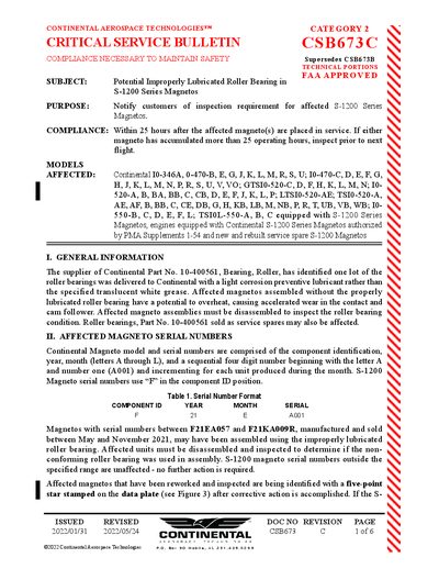 Continental Aerospace Technologies CSB673C Critical Service Bulletin