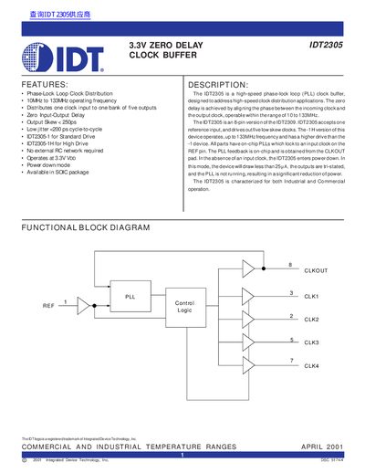 IDT IDT2305 3.3V Zero Delay Clock Buffer Datasheet - cover page